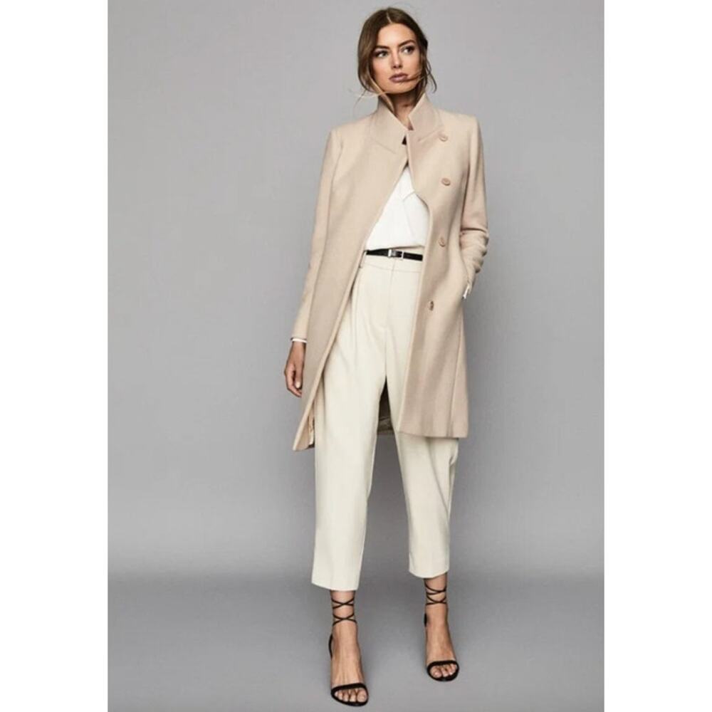 REISS Coat Size 12 NEW Maya Wool Blend Slim Wrap Collar Jacket Cream Tan $620 - Picture 13 of 13